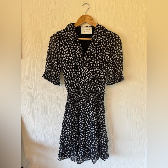 Black White Polka Micro Dot Leopard Print Ruffle Puff Sleeve Mini Boho Dress - Picture 3 of 12